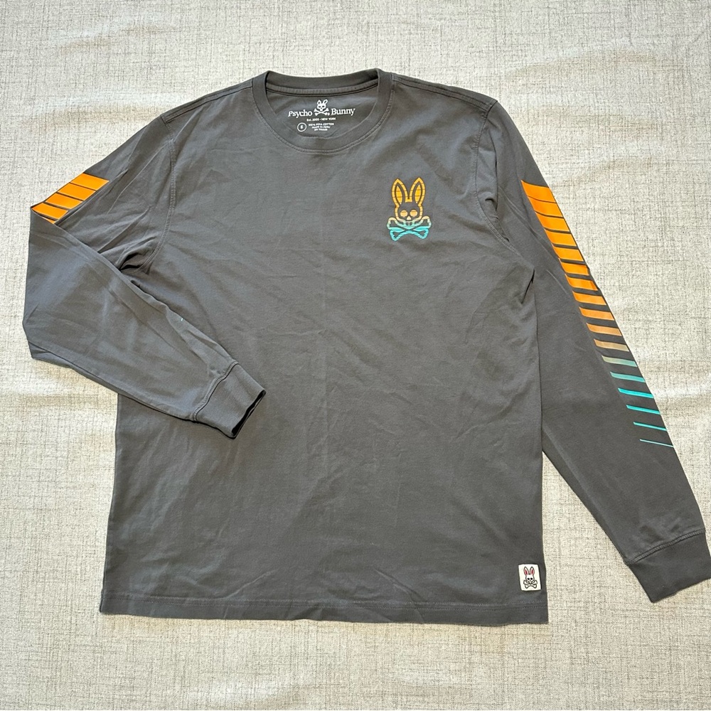 Psycho Bunny Charcoal Long Sleeve Shirt with Orange and Teal Accents
